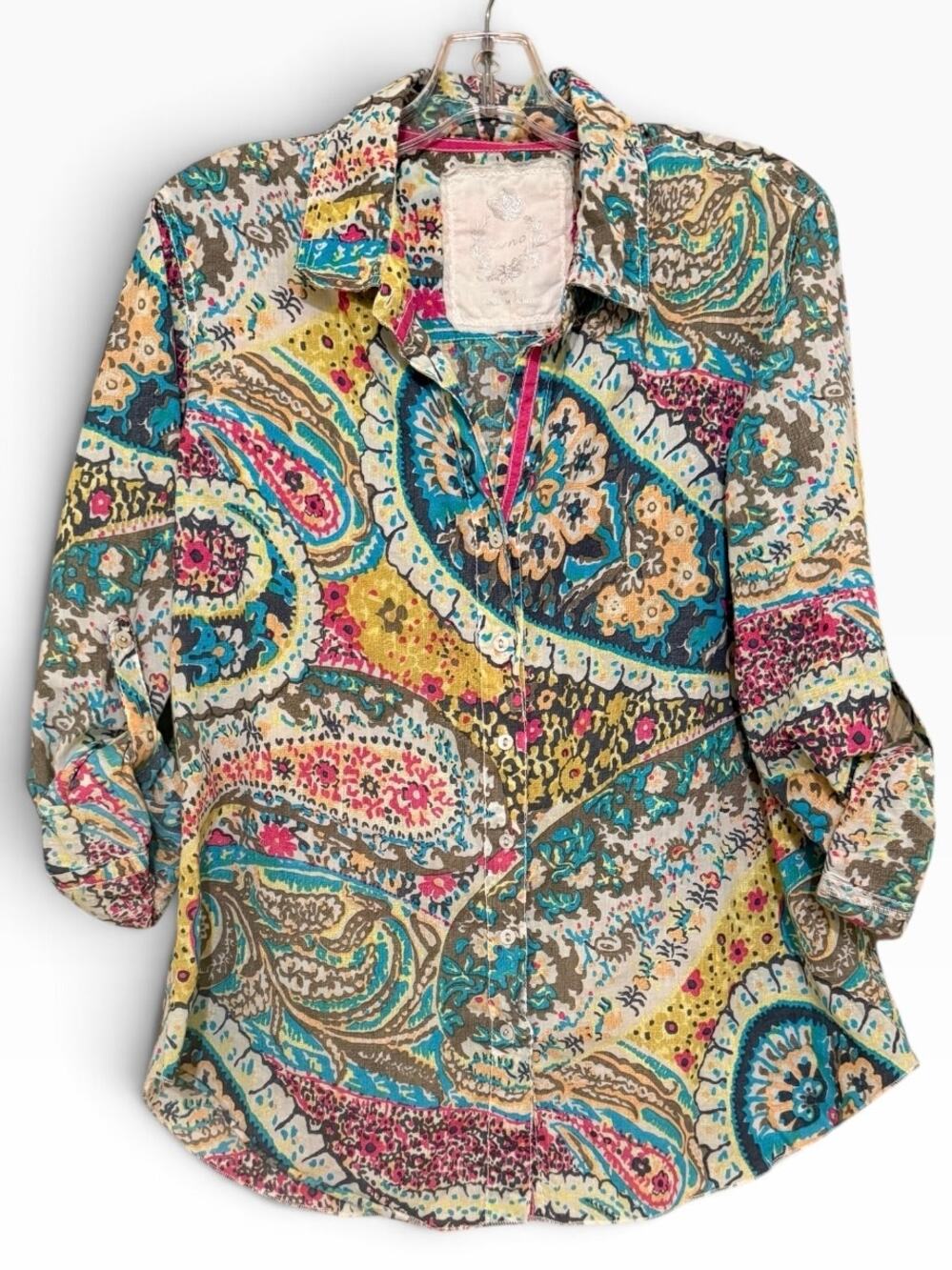 Cino XL Multicolor Paisley Button Front Shirt Blouse Boho Roll Tab Sleeve